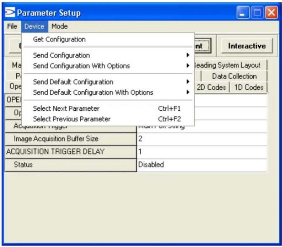 Parameter Setup File Device Mode Get Configuration Send Configuration Send Configuration With Options Send Default Configuration Send Default Configuration With Options Select Next Parameter Ctrl+F1 Select Previous Parameter Ctrl+F2 Image Acquisition Buffer Size 2 ACQUISITION TRIGGER DELAY 1 Status Disabled