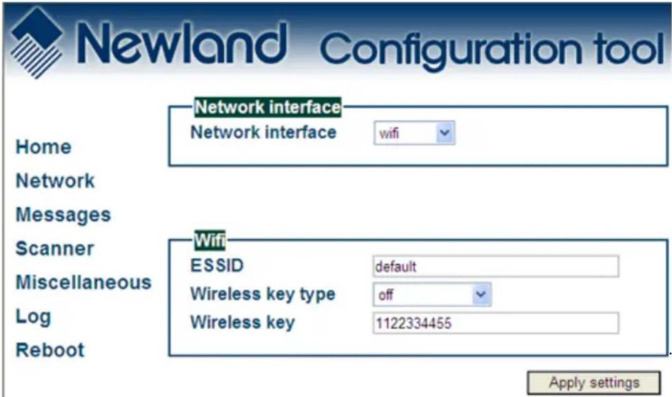 Newland Configuration tool Home Network interface Network interface wifi Network Messages Scanner Miscellaneous Log Reboot Wifi ESSID default Wireless key type off Wireless key 1122334455 Apply settings