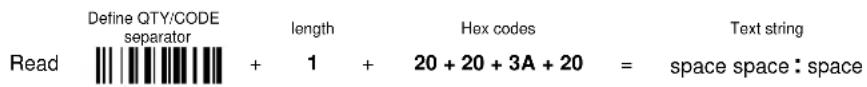 Define QTY/CODE separator Read + 1 + 20 + 20 + 3A + 20 = Text string space space : space