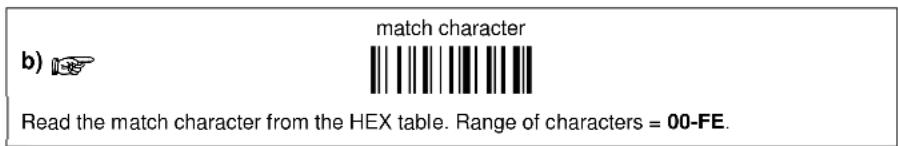 match character Read the match character from the HEX table. Range of characters = 00-FE.