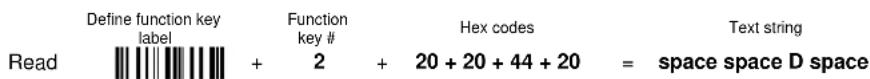 Define function key label Function key # Hex codes Text string Read + 2 + 20 + 20 + 44 + 20 = space space D space