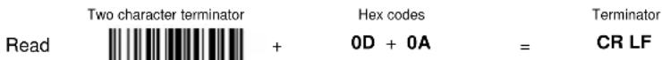 Two character terminator Hex codes Read 0D + 0A = Terminator CR LF