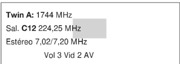 Twin A: 1744 MHz Sal. C12 224,25 MHz Estéreo 7,02/7,20 MHz Vol 3 Vid 2 AV