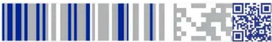 Barcode image with blue and gray vertical bars on the left and a QR code on the right