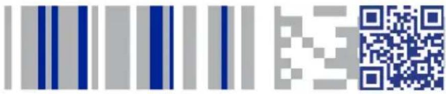 Image containing a barcode with blue vertical stripes and a QR code on the right.