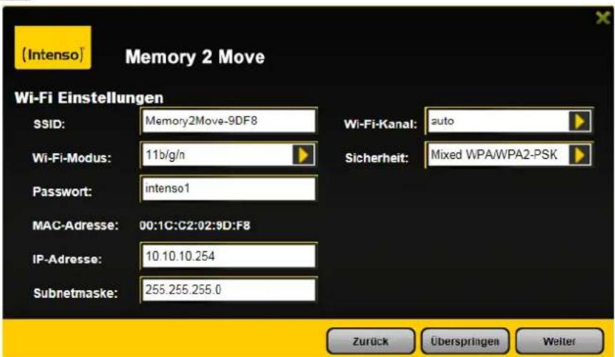 (Intenso) Memory 2 Move Wi-Fi Einstellungen SSID: Memory2Move-9DF8 Wi-Fi-Canal: auto Wi-Fi-Modus: 11b/g/n Sicherheit: Mixed WPA/WPA2-PSK Password: intenso1 MAC-Adresse: 00:1C:C2:02:9D:F8 IP-Adresse: 10.10.10.254 Subnetmaske: 255.255.255.0 Zurück Überspringen Weiter