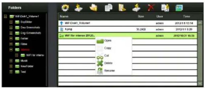 Folders Name Size User Time WIFI Disk1_Volume1 ExpSlider Grow Screenshots Eng-Screenshots Fetter Filter Adder WIFI for intensu 29120... Open Copy Cut Delete Resume admin admin admin 2012/1/1 13:14 35.2KB admin 2012/1/1 8:29 admin 2012/10/31 16:56