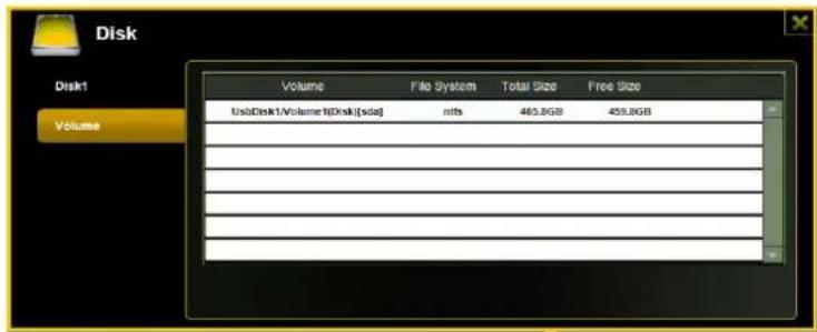 Disk Disk1 Volume Volume File System Total Size Free Size UsbDisk1/Volume1/Disk[sda] mts 465.8GB 455.8GB