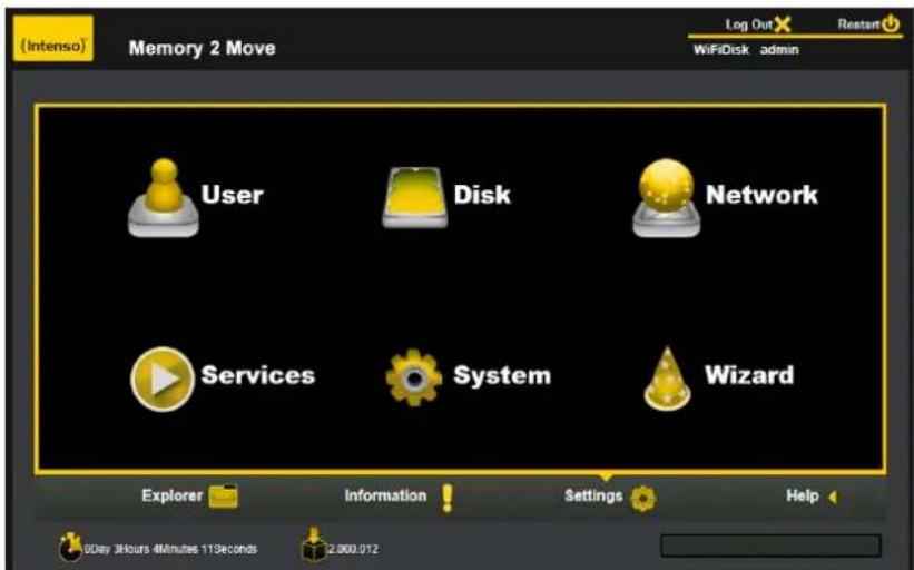 (Intenso) Memory 2 Move Log Out X Restart WiFiDisk admin User Disk Network Services System Wizard Explorer Information Settings Help 0Day 3Hours 4Minutes 11Seconds 2.000.012