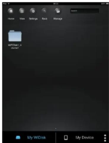 File 17 08:23 Home View Settings Back Manage Search WIFDisk1 Volume! My WDisk My Device