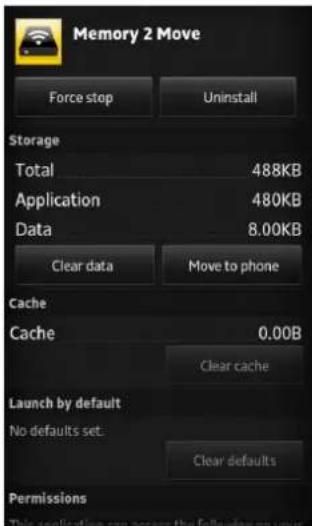 Memory 2 Move Force stop Uninstall Storage Total 488KB Application 480KB Data 8.00KB Clear data Move to phone Cache Cache 0.00B Clear cache Launch by default No defaults set. Clear defaults Permissions