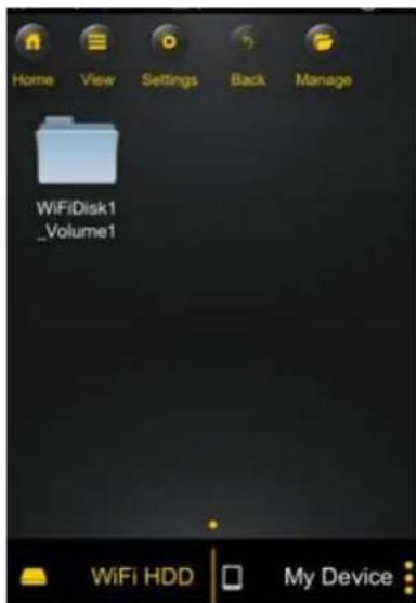 Hortie View Settings Back Manage WiFiDisk1 _Volume1 WiFi HDD My Device
