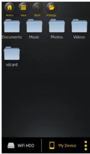 Home View Back Manage Documents Music Photos Videos sdcard WiFi HDD My Device