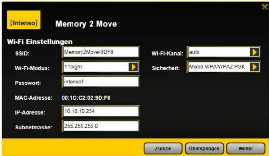 (Intenso) Memory 2 Move Wi-Fi Einstellungen SSID: Memory2Move-9DF8 Wi-Fi-Kanal: auto Wi-Fi-Modus: 11b/g/n Sicherheit: Mixed WPA/WPA2-PSK Password: intenso1 MAC-Adresse: 00:1C:C2:02:9D:F8 IP-Adresse: 10.10.10.254 Subnetmaske: 255.255.255.0 Zurück Überspningen Weiter