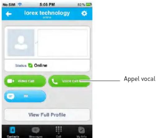 No SIM 5:05 PM 82% lorex technology Status Online Video Call Voice Call Appel vocal View Full Profile Contacts Messages Call My Info
