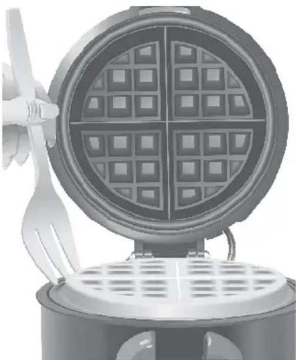 Illustration of a waffle grill with a fork and plow, no text or symbols present