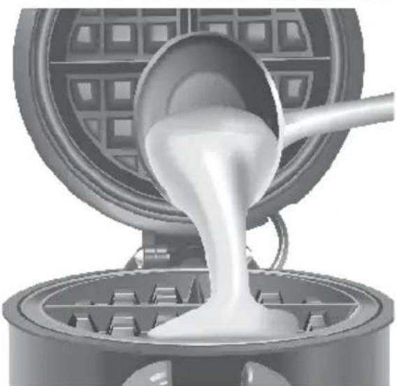 3D rendering of a waffle being poured into a gridded container (no text or symbols visible)