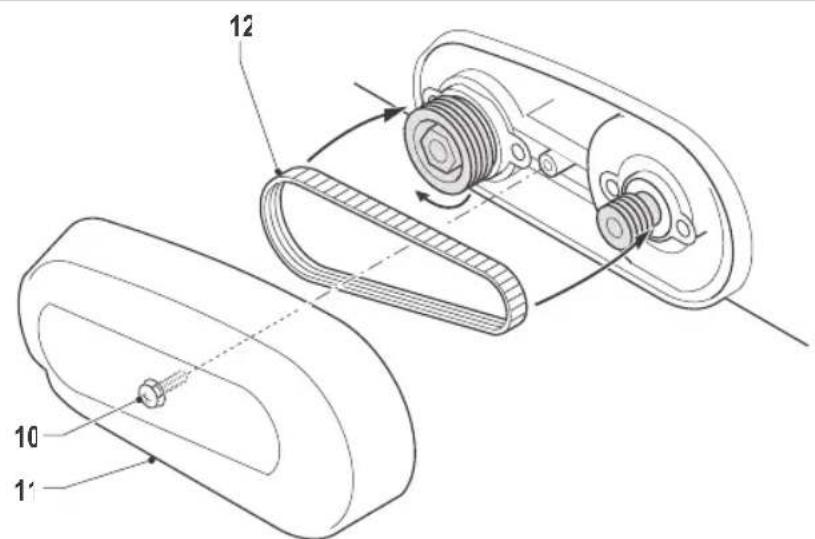 Technical diagram of a mechanical assembly with labeled parts 10, 11, and 12, showing internal components and motion indicators.