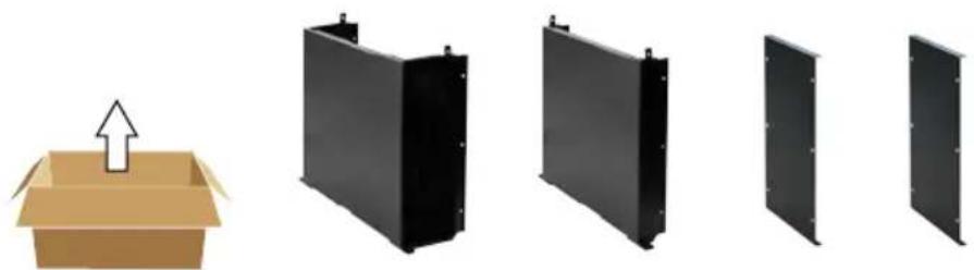 Illustration of a cardboard box with an upward arrow, alongside four black rectangular panels (no text or symbols)