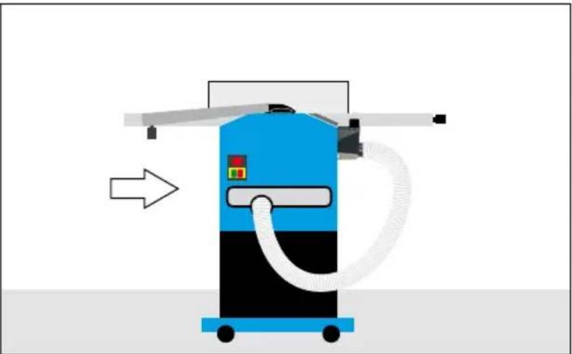 Illustration of a blue and black industrial machine with hoses and a directional arrow (no text or symbols)