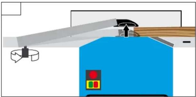 Diagram of a mechanical or electrical device with a blue base, lever arm, and control panel (no text or symbols)