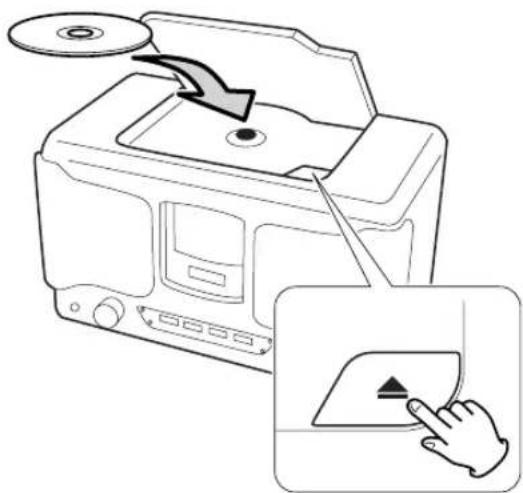 Diagram illustrating the process of printer printing with a CD and arrow indicating the process, alongside a hand interacting with a device.