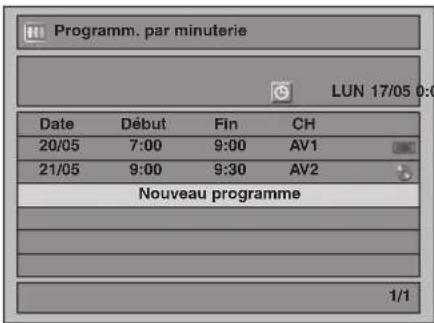 Programmation par minuterie : LUN 17/05 0:00. Date, Début, Fin, CH. 20/05 7:00 9:00 AV1, 21/05 9:00 9:30 AV2. Nouveau programme. 1/1