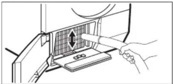 Line drawing of a hand inserting a device into a panel with a grid and directional arrow (no text or symbols)