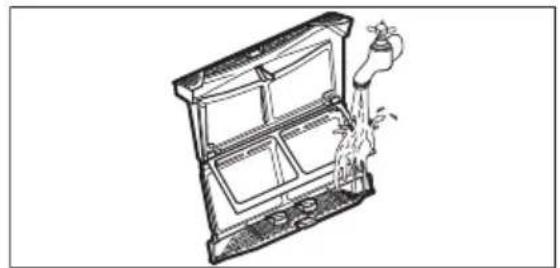 Line drawing of a kitchen sink with faucet spraying water (no text or symbols)