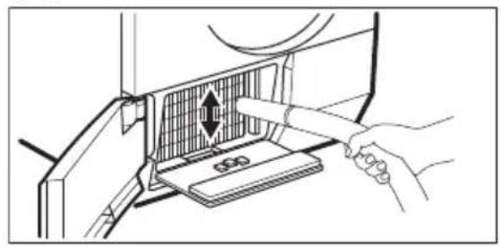 Line drawing of a hand inserting a device into a panel with a grid and directional arrow (no text or symbols)