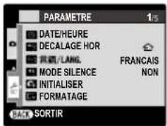 PARAMETRE 1/5 DATE/HEURE DECALAGE HOR 常规/LANG. MODE SILENCE INITIALISER FORMATAGE FRANCAIS NON BACK SORTIR