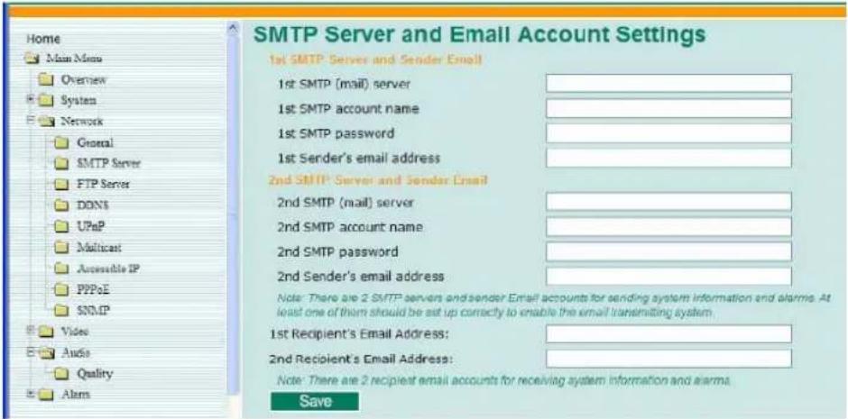 Home Main Menu Overview System Network Gnotal SMTP Server FTP Server DONS UPnP Multicast Accessible IP PPPoE SNMP Video Audio Quality Alarms SMTP Server and Email Account Settings 1st SMTP Server and Sender Email 1st SMTP (mail) server 1st SMTP account name 1st SMTP password 1st Sender's email address 2nd SMTP Server and Sender Email 2nd SMTP (mail) server 2nd SMTP account name 2nd SMTP password 2nd Sender's email address: Note: There are 2 SMTP servers and sender Email accounts for sending system information and alarms. At least one of them should be set up correctly to enable the email transmitting system. 1st Recipient's Email Address: 2nd Recipient's Email Address: Note: There are 2 recipient email accounts for receiving system information and alarms. Save