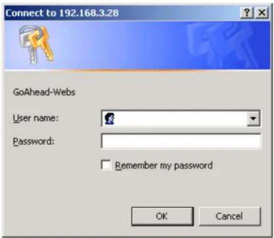 Connect to 192.168.3.28 GoAhead-Webs User name: Password: Remember my password OK Cancel