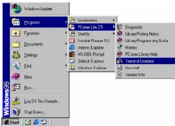Windows Update Programs Favorites Documents Settings Find Hep Run... Log Of Tim Stamps... Shgt Down... Start Accessories PComia Lite 2.5 StartUp Norobot Reacer 5.0 Interre: Explorer MS-DOS Prompt Outlook Express Windows Explorer Diagnostic LibraryPorting Notes LibraryProgramming Guide Monitci PComia Library Help Terminal Emulator Uninstall Version Info