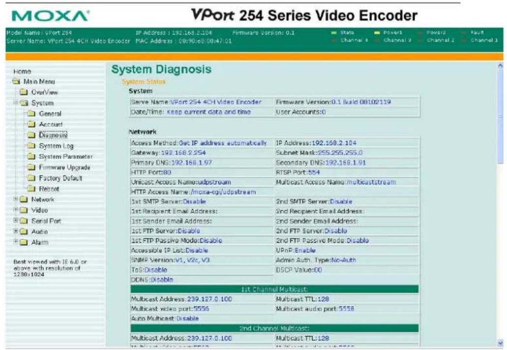 MOXA® VPort 254 Series Video Encoder Model Name: VPort 254 Server Name: VPort 254.4CH Video Encoder IP Address: 192.168.2.104 Firmware Version: 0.1 Status Power1 Power2 Fault Channel 4 channel 7 channel 2 Channel 3 Home Main Menu OverView System General Account Diagnosing System Log System Parameter Firmware Upgrade Factory Default Reboot Network Video Serial Port Audio Alarm Best viewed with IE 6.0 or above with resolution of 1280x1024 System Diagnosis System Status System Serve Name: VPort 254.4CH Video Encoder Date/Time: Keep current data and time Firmware Version:0.1 Build 08102119 User Accounts:0 Network Access Method: Get IP address automatically Gateway: 192.168.2.254 Primary DNS: 192.168.1.97 HTTP Port:80 Unicast Access Name:udpstream HTTP Access Name:moxa-cgi/udpstream 1st SMTP Server:Disable 1st Recipient Email Address: 1st Sender Email Address: 1st FTP Server:Disable 1st FTP Passive Mode:Disable Accessible IP List:Disable SNMP Version:V1, V2c, V3 ToS:Disable DDNS:Disable 1st Channel Multicast: Multicast Address: 239.127.0.100 Multicast TTL:128 Multicast video port:5556 Multicast audio port:5558 Auto Multicast:Disable 2nd Channel Multicast: Multicast Address: 239.127.0.100 Multicast TTL:128
