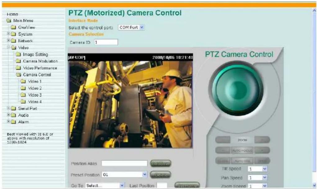 PTZ (Motorized) Camera Control Interface Mode Select the control port: COM Port Camera Selection Camera ID 1 [AV-UDP] 2008/10/06 10:21:40 PTZ Camera Control Position Alias Edit/Remove Preset Position 01 Delete Go To Select... Last Position Stop Window Zoom AUTO POCUS AUTO IEE TIM Speed 1 Pan Speed 1 Zoom Speed 1