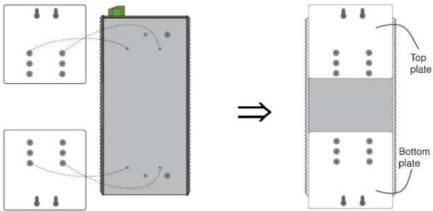 Diagram illustrating the transformation of a device into a top plate and bottom plate, with labeled components and directional arrows.