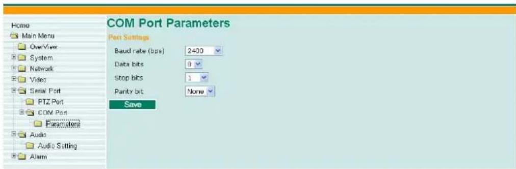 COM Port Parameters Port Settings Baud rate (bps) 2400 Data bits 9 Stop bits 1 Parity bit None Save