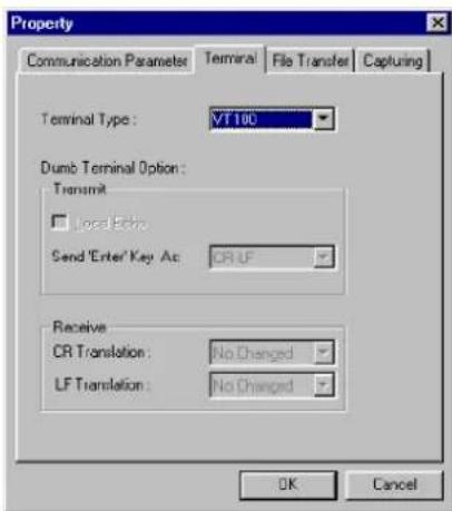 Property Communication Parameter Terminal File Transfer Capturing Terminal Type : VT 100 Dumb Terminal Option : Transmit Local Echo Send 'Enter' Key As: CR LF Receive CR Translation : No Changed LF Translation : No Changed OK Cancel