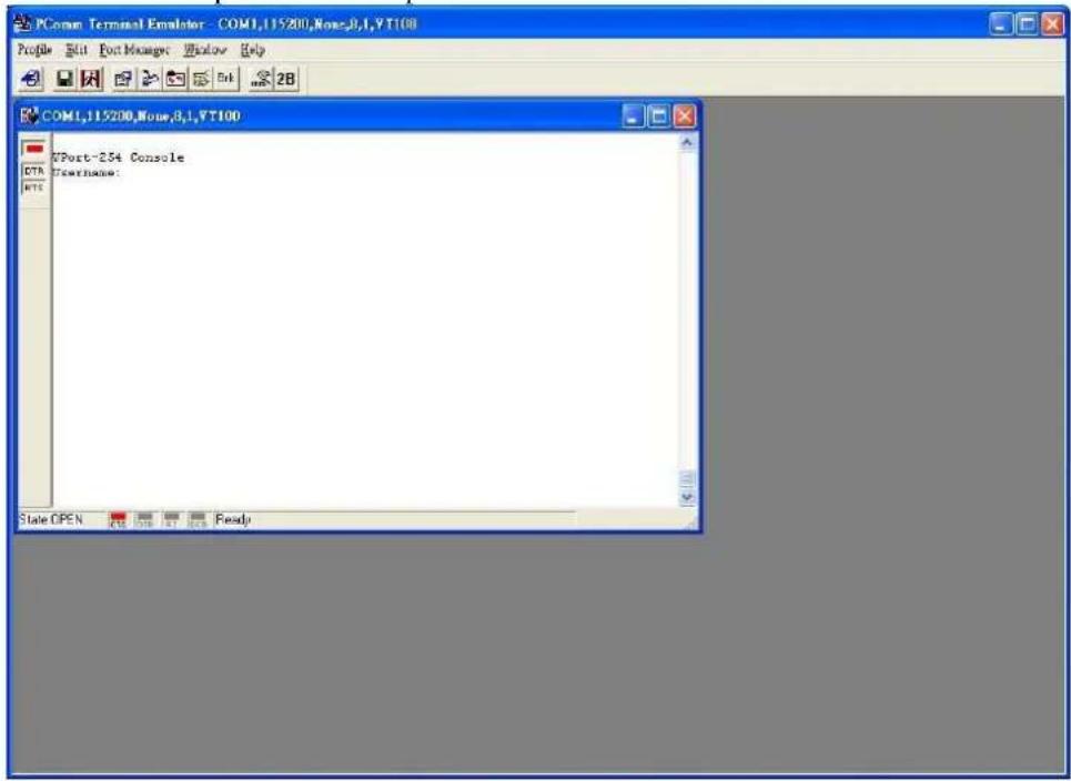 PComn Terminal Emulator - COM1,115200,None,0,1,YT100 Profile Edit Port Manager Window Help COM1,115200,None,0,1,YT100 XPort-254 Console Username: State OPEN Auto Auto Auto Auto Read