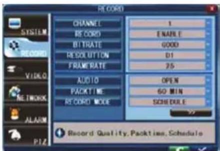 RECORD CHANNEL 1 RECORD ENABLE BITRATE GOOD RESET UNTON D1 FRAME RATE 25 AUDIO OPEN PACKTIME 60 MIN RECORD MODE SCHEDULE Record Quality, Packtime, Schedule