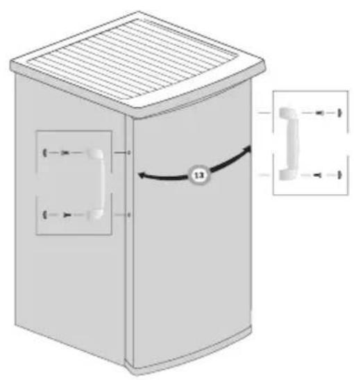 Technical diagram of a cabinet with labeled components and directional arrows, including a numbered component '13'