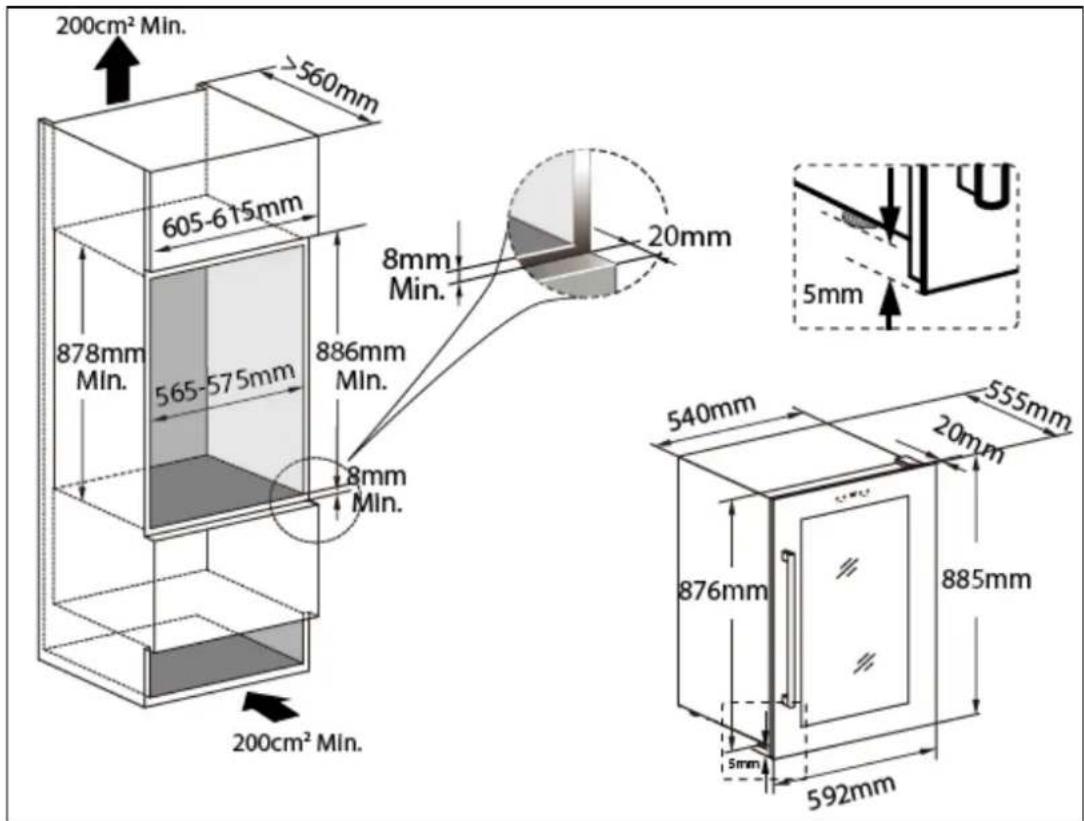 200cm² Min. >560mm 605-615mm 878mm Min. 565-575mm 886mm Min. 8mm Min. 20mm 5mm 540mm 555mm 20mm 876mm 885mm 5mm 592mm 200cm² Min.