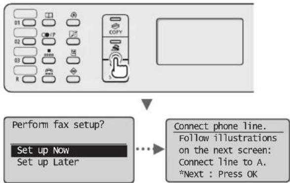 CANON I-Sensys MF4780w - Pradinių fakso parametrų nustatymas ir telefono kabelio prijungimas (tik MF4890dw/MF4870dn/MF4780w/MF4750) - 1