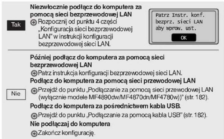 Tak Niezwożczone podlącz do komputera za pomocą sieci bezprzewodowej LAN Rozpocznij od punktu 4 części „Konfiguracja sieci bezprzewodowej LAN” w instrukcji konfiguracji bezprzewodowej sieci LAN. Patrz Instr. konf. bezprz. sieci LAN aby wprow. ust. OK Później podlącz do komputera za pomocą sieci bezprzewodowej LAN Patrz instrukcja konfiguracji bezprzewodowej sieci LAN. Podłącz do komputera za pomocą sieci przewodowej LAN Przejdź do punktu „Podłączanie za pomocą sieci przewodowej LAN (wyłącznie modele MF4890dw/MF4870dn/MF4780w)” (str. 182). Podłącz do komputera za pośrednictwem kabla USB. Przejdź do punktu „Podłączanie za pomocą kabla USB” (str. 182). Nie podłączaj do komputera Zakończ konfigurację.