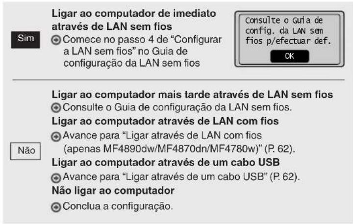 Ligar ao computador de imediato através de LAN sem fios Comece no passo 4 de "Configurar a LAN sem fios" no Guia de configuração da LAN sem fios Consulte o Guia de config. da LAN sem fios p/efectuar def. OK Ligar ao computador mais tarde através de LAN sem fios Consulte o Guia de configuração da LAN…
