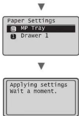 graph TD A["Paper Settings"] --> B["MP Tray"] B --> C["1. Drawer 1"] D["Applying settings"] --> E["Wait a moment."]