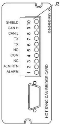 SHIELD CAN H CAN L TX TX NO COM NC ALM RTN ALARM 1 2 3 4 5 6 7 8 9 10 138425683 REV XX HOT SYNC CAN BRIDGE CARD