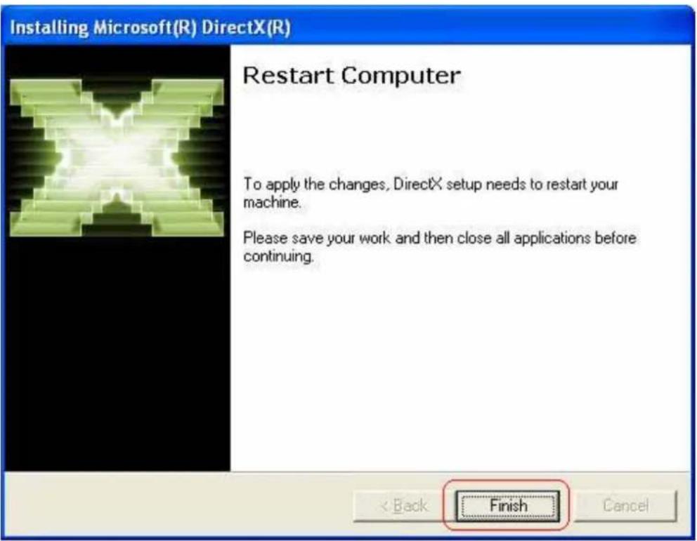 Installing Microsoft(R) DirectX(R) Restart Computer To apply the changes, DirectX setup needs to restart your machine. Please save your work and then close all applications before continuing. < Back Finish Cancel