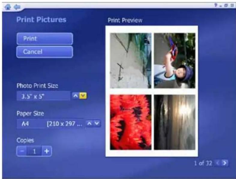 Print Pictures Print Cancel Photo Print Size 3.5" x 5" Paper Size A4 [210 x 297 ... Copies 1 + Print Preview 1 of 32 >